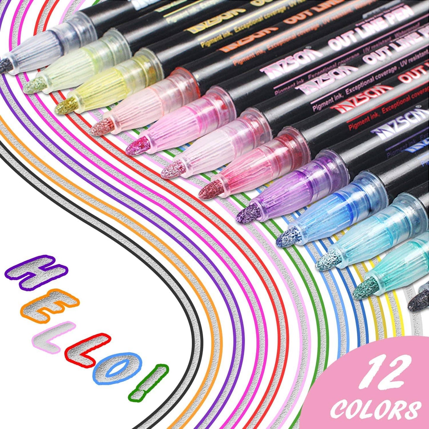 DoubleLiner - 12 Colors Metallic Outline Markers Set